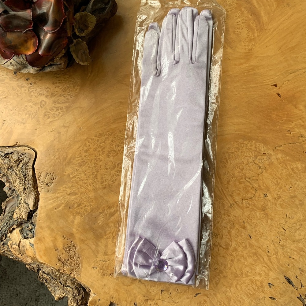 NEW Lavender Satin Gloves , 12 inches long with Jeweled Bow, Sealed, Prom or Tea